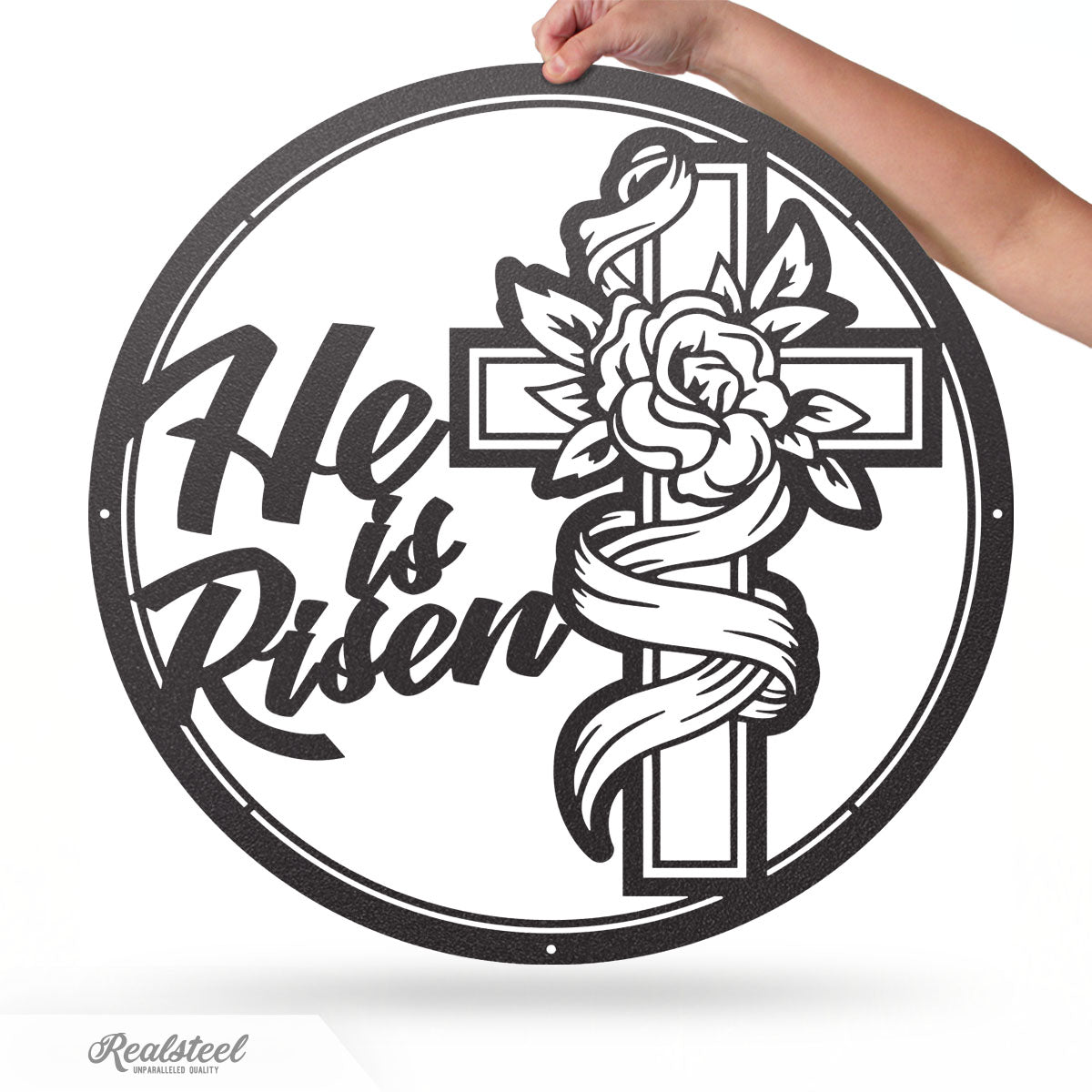 He Is Risen Cross Metal Art 14" / Black - RealSteel Center