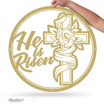 He Is Risen Cross Metal Art 14" / Gold - RealSteel Center