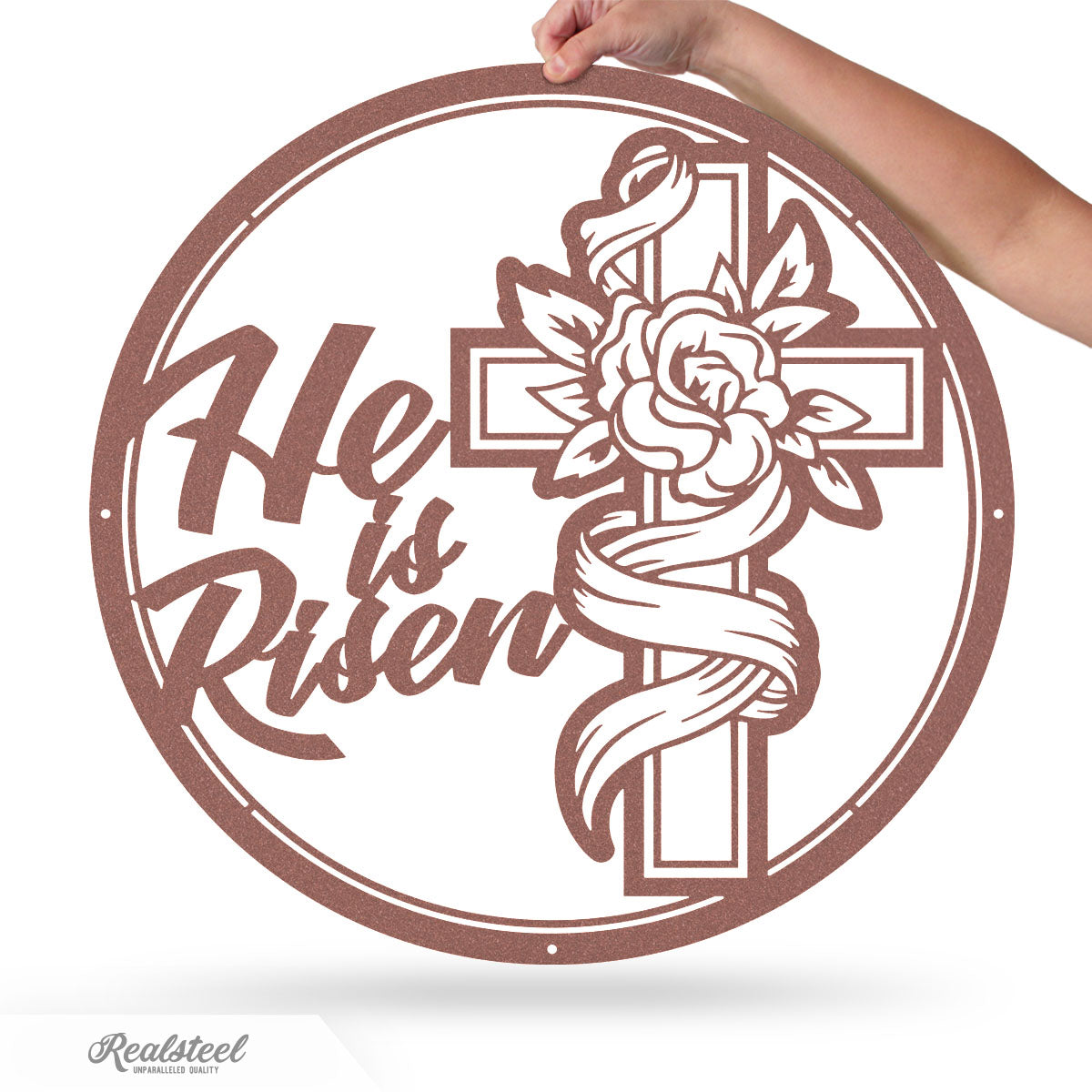 He Is Risen Cross Metal Art 14" / Rust - RealSteel Center