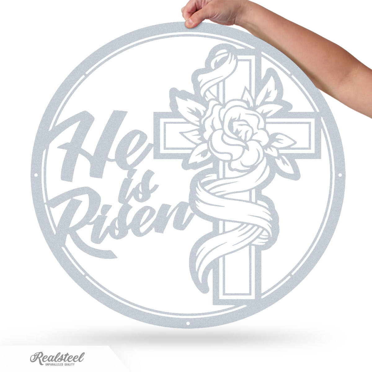 He Is Risen Cross Metal Art 14" / Textured Silver - RealSteel Center