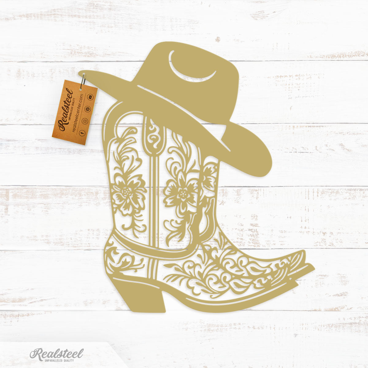 Cowgirl Boot and Hat Metal Wall Decor 12"x14" / Gold - RealSteel Center