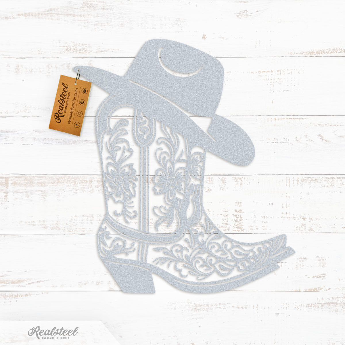 Cowgirl Boot and Hat Metal Wall Decor 12"x14" / Textured Silver - RealSteel Center